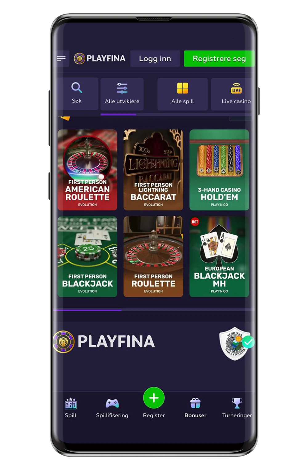 Skjermbilder av Playfina Casinos mobilapp