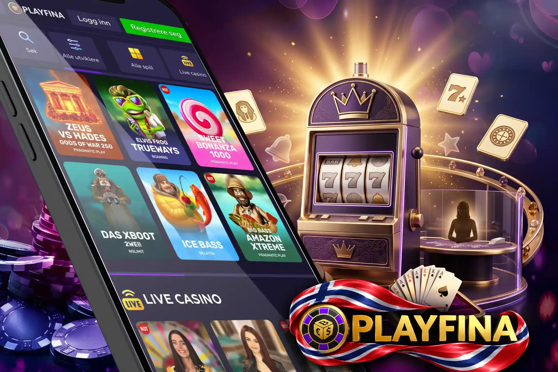 Stort utvalg av populære spilleautomater og live casinobord, avbildet på en telefon sammen med en retro 777-spilleautomat og spillekort.
